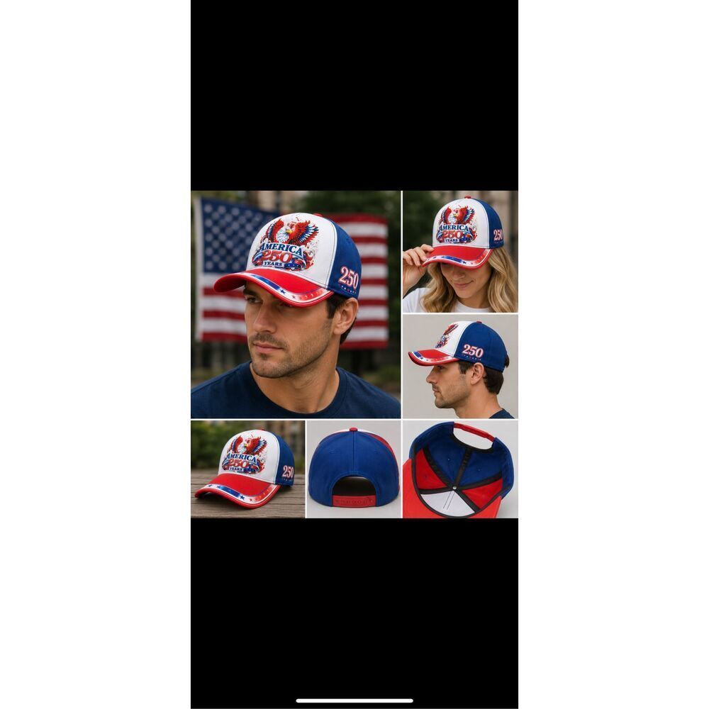 America 250 Years Patriotic Red White Blue Adjustable Baseball Cap